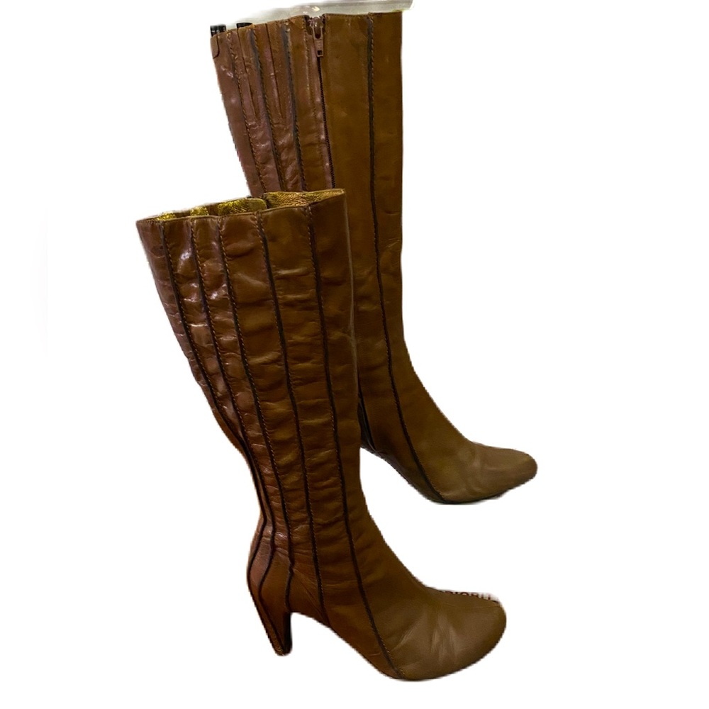 Tsubo Brown Seamed Stitched Wrapped Heel Knee High Leather Boots